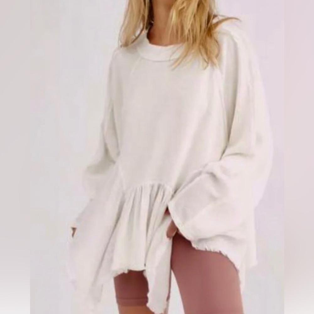Free People Cream Ruffle Raw Hem Long Sleeve Sweatshirt